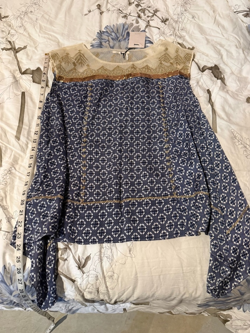 Anthropologie Floreat Boho Embroidered Lace Yoke Long-Sleeve Top Blue and Cream